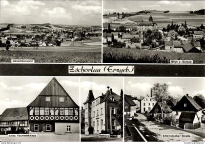 CPA Zschorlau im Erzgebirge, Blick z. Schule, Altes Fachwerkhaus, Rathaus, Eibenstocker Straße