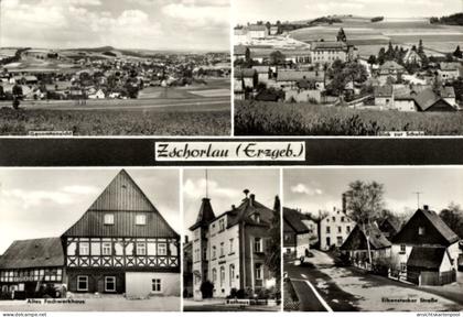 CPA Zschorlau im Erzgebirge, Gesamtansicht, Schule, Altes Fachwerkhaus, Rathaus, Eibenstocker Str