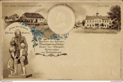 Gaufré Lithographie Rachlau Kubschütz in Sachsen, Johann H. Pestalozzi, Volksschule, Statue