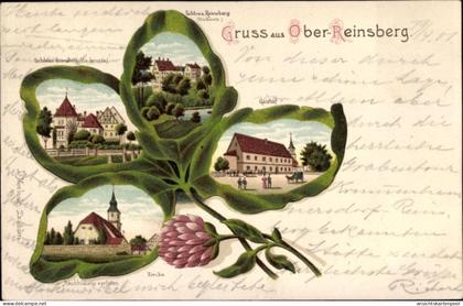 Kleeblatt Lithographie Ober Reinsberg in Sachsen, Schloss, Gasthof, Kirche