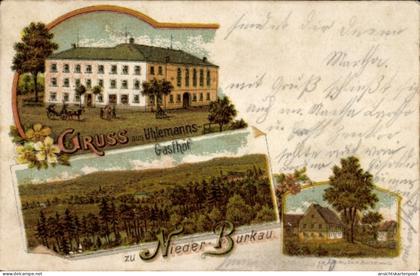 Lithographie Burkau in Sachsen, Gesamtansicht, Gasthof Nieder-Burkau