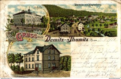 Lithographie Demitz Thumitz in Sachsen, Gesamtansicht, Schule, Klosterberg