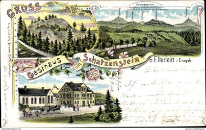Lithographie Elterlein im Erzgebirge, Gasthaus Schatzenstein, Gesamtansicht, Bergspitzen