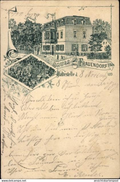 Lithographie Frauendorf Frohburg Sachsen, Haltestelle, Gastwirtschaft