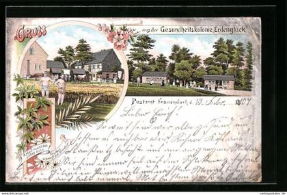 Lithographie Frauendorf, Gesundheitskolonie Erdenglück, Ortspartie mit Badenden, Häuser mit Menschengruppe