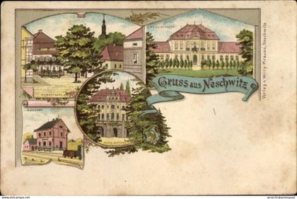 Lithographie Neschwitz in Sachsen, Marktplatz, Neues Schloss, Altes Schloss, Bahnhof