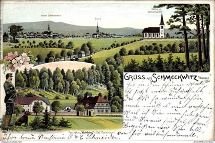 Lithographie Schmeckwitz Oberlausitz, Gesamtansicht, Kirche, Koster