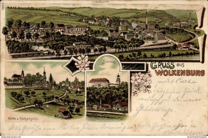 Lithographie Wolkenburg Kaufungen Limbach Oberfrohna Sachsen, Totalansicht, Schloss, Kirche