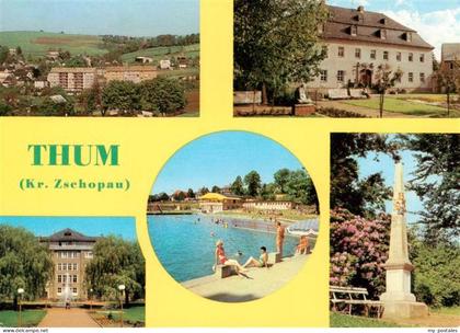 Thum Erzgebirge Teilansicht Rathaus Oberschule Sonnenbad Postmeilensaeule