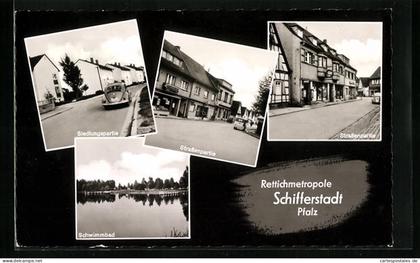 AK Schifferstadt /Pf., Siedlungspartie, Strassenpartien und Schwimmbad