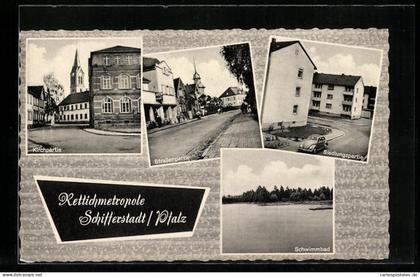 AK Schifferstadt /Pfalz, Siedlungspartie, Schwimmbad, Kirchpartie
