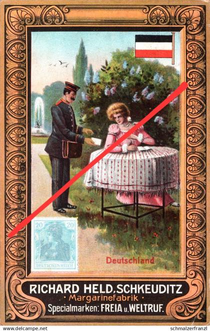 Werbekarte Litho AK Leipzig Schkeuditz Postbote Briefträger DR Margarinefabrik Richard Held Spezialmarken Freia Weltruf