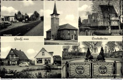 CPA Harksheide Norderstedt Schleswig-Holstein, Schwarz-Weiß-Fotocollage, Kirche, Ortspartien, Ehre