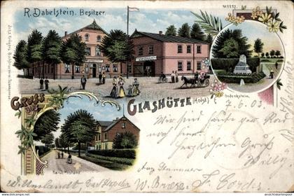 Lithographie Glashütte Norderstedt in Holstein, Gastwirtschaft, Kaiserl. Postamt, Gedenkstein