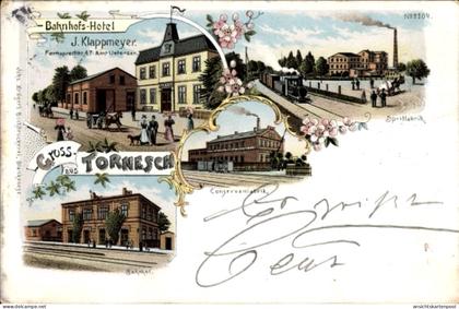 Lithographie Tornesch in Schleswig Holstein, Bahnhofshotel, Spritfabrik, Konservenfabrik