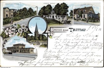 Lithographie Trittau Kr. Stormarn, Hamburger Straße, Hinsch's Gasthof, Bahnhof, Gleisseite, Kirche