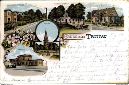 Lithographie Trittau Kr. Stormarn, Hamburger Straße, Hinsch's Gasthof, Bahnhof, Gleisseite, Kirche