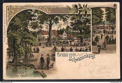 Lithographie Schönwalde-Glien, Ansicht vom Gasthaus Schwanenkrug, Pavillon