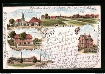 Lithographie Sehnde, Geschäftshaus A. Schrader, Zuckerfabrik, Totalansicht