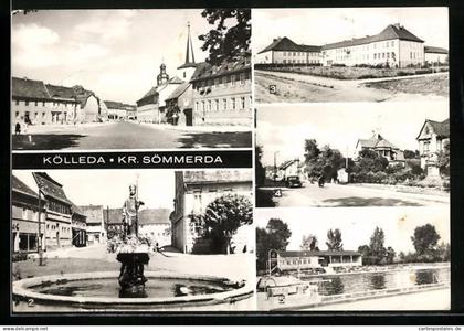 AK Kölleda b. Sömmerda, Rossplatz, Zentralschule, Bahnhofstrasse und Freibad