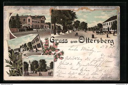 Lithographie Ottersberg / Stuhr, Hotel Gieschen mit Grünestrasse, Hotel Schloch mit Post u. Kapelle, Bahnhof