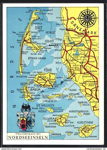 AK Sylt, Nordseeinseln, Übersichtskarte, Sylt, Föhr, Amrum, Halligen
