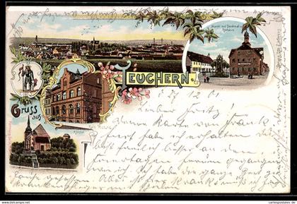 Lithographie Teuchern, Markt mit Denkmal und Rathaus, Kais. Postamt