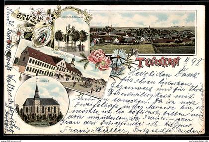 Lithographie Teuchern, Marktplatz, Krieger-Denkmal, Kirche, Totalansicht des Ortes