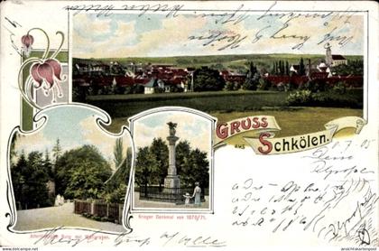 CPA Schkölen in Thüringen, Gesamtansicht, Burg, Wallgraben, Kriegerdenkmal 1870/71