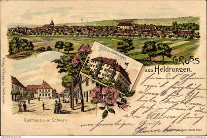 Lithographie Heldrungen in Thüringen, Gasthaus zum Schwan, Schloss Heldrungen, Panorama