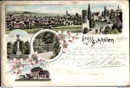 Lithographie Schkölen in Thüringen, Bahnhof, Kriegerdenkmal, Totalansicht der Ortschaft
