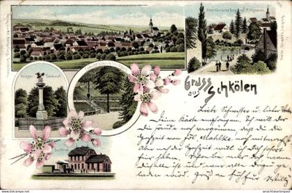 Lithographie Schkölen in Thüringen, Kriegerdenkmal, Bahnhof, Konzertplatz, Burg, Hellgraben, Gesamtansicht
