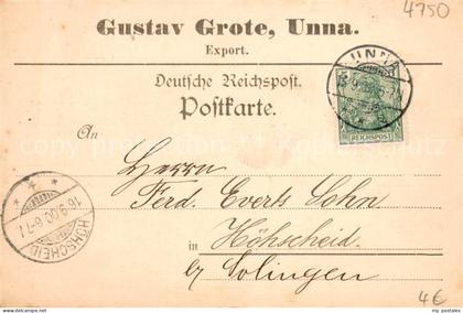 Unna Korrespondenzkarte Gustav Grote Export Deutsche Reichspost