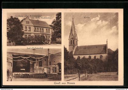 AK Missen /Vetschau, Gasthaus zur Reichskrone, Kirche