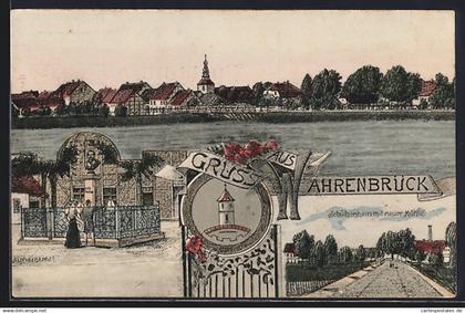 Künstler-AK Wahrenbrück, Schützenhaus mit neuer Mühle, Denkmal, Uferpartie