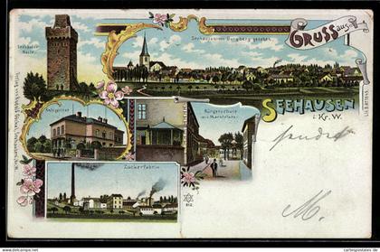 Lithographie Seehausen / Wanzleben, Amtsgericht, Zuckerfabrik, Seehäuser Warte