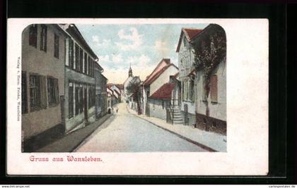 Lithographie Wanzleben, Strassenpartie im Ort