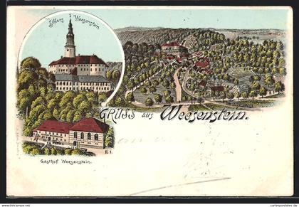 Lithographie Weesenstein, Schloss & Gasthof Weesenstein, Gesamtansicht