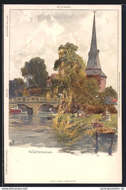 Lithographie Hamburg-Winterhude, Ortspartie mit Brücke