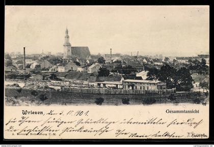 AK Wriezen, Gesamtansicht, mit Gewerbeanlagen, Kirche