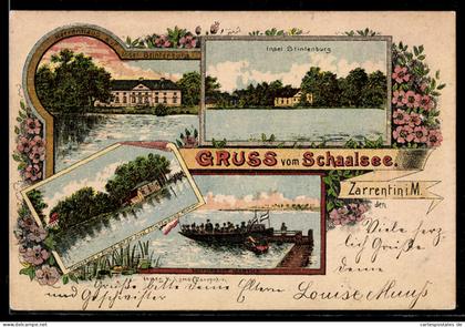 Lithographie Zarrentin i. M., Insel Stintenburg im Schaalsee, Motorboot Martha, Herrenhaus