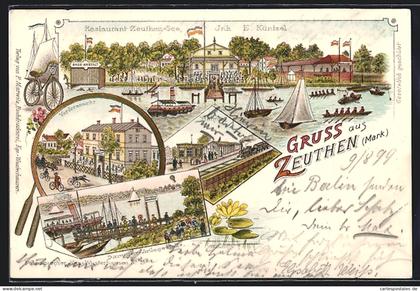 Lithographie Zeuthen /Mark, Restaurant Zeuthen-See, Dampfer an der Anlegestelle