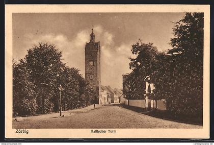 AK Zörbig, Hallischer Turm mit Strassenpartie