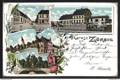 Lithographie Zörbig, Bahnhof, Kurzestrasse, Schloss, Kaiserl. Postamt