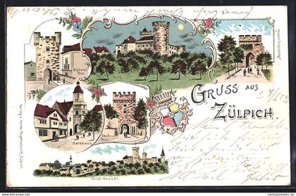 Lithographie Zülpich, Münster-Thor, Burg, Köln-Thor