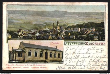 AK Zwönitz, Ansicht der Turnhalle, Ortsansicht mit Blick ins Land