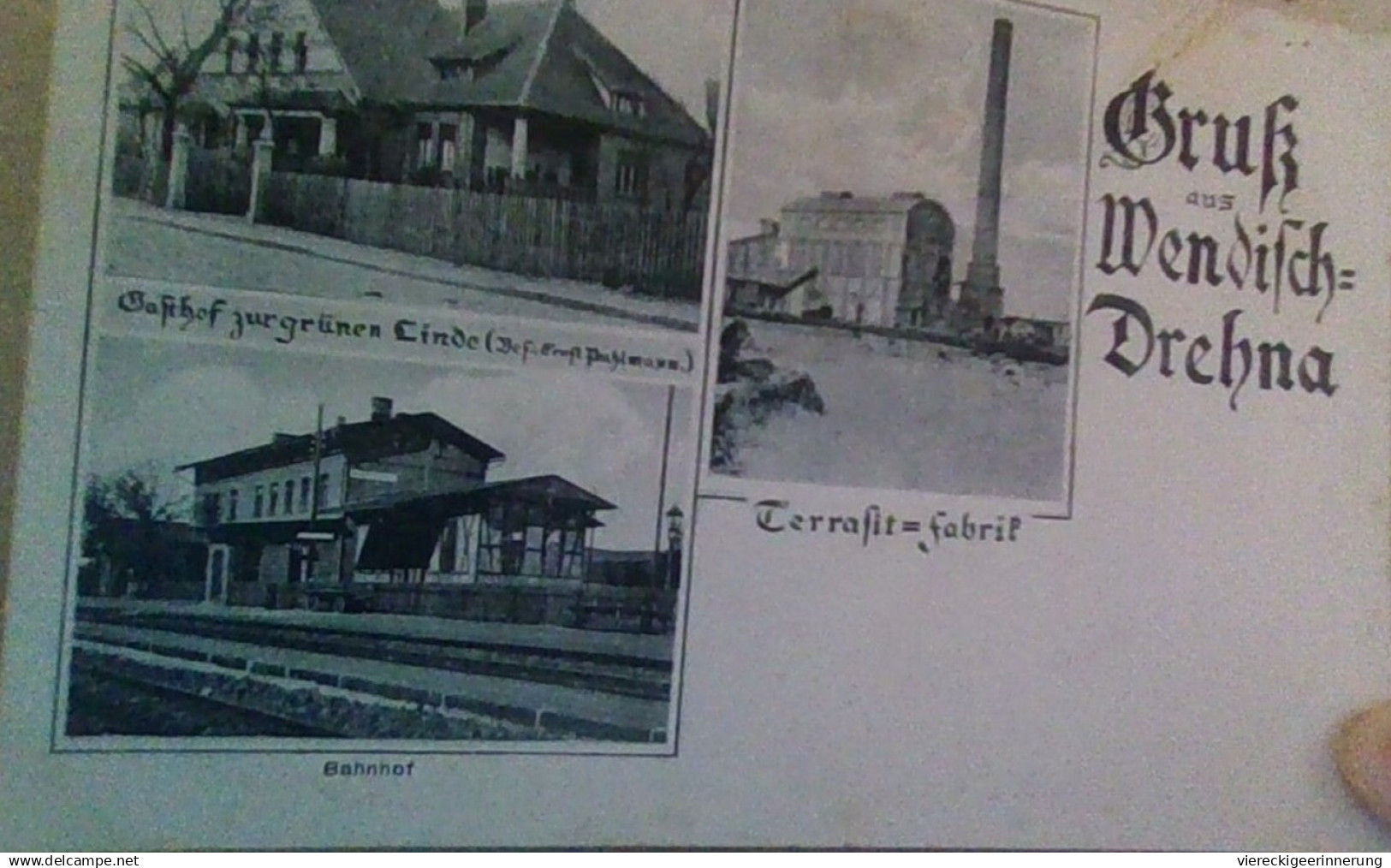 ! alte Ansichtskarte Gruß aus Wendisch-Drehna, Bahnhof, Fabrik, Gasthof, Walddrehna, Heideblick