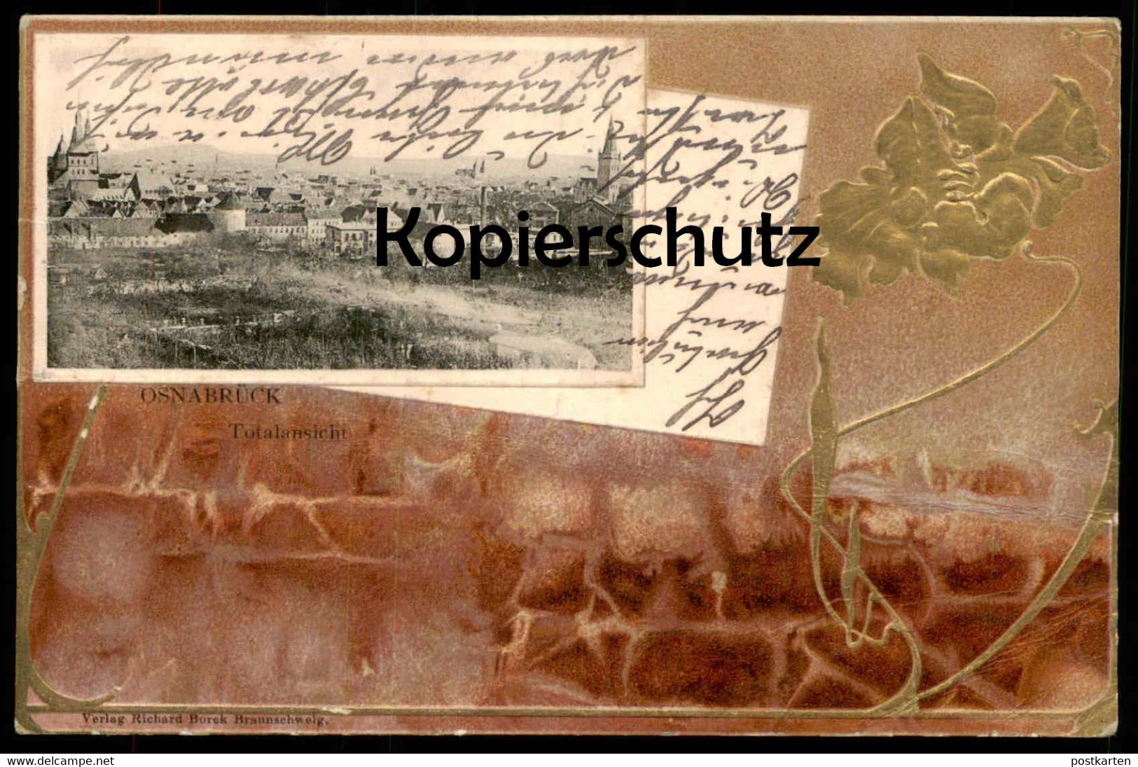 ALTE JUGENDSTIL PRÄGE POSTKARTE OSNABRÜCK TOTALANSICHT Gesamtansicht Panorama Total Goldene Blume cpa AK Ansichtskarte