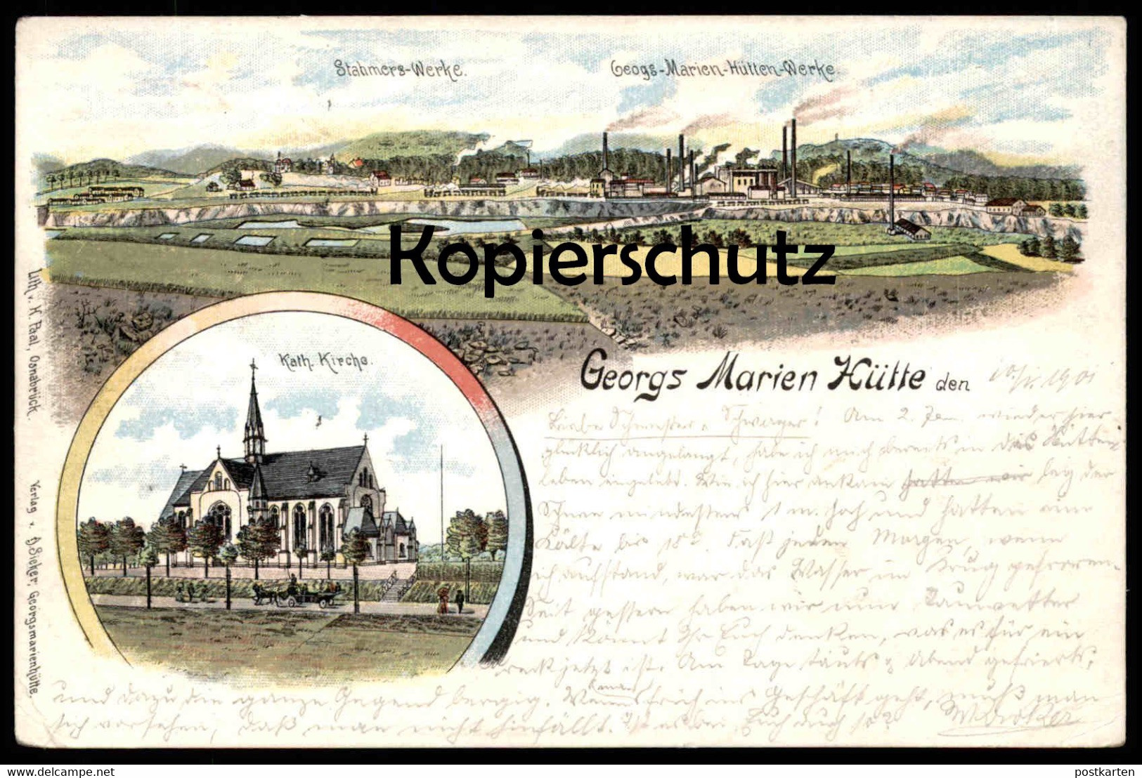 ALTE LITHO POSTKARTE GEORGS MARIEN HÜTTE STAHMER WERKE EISENBAHN GEORGS-MARIEN-HÜTTEN-WERKE KIRCHE GEORGSMARIENHÜTTE AK