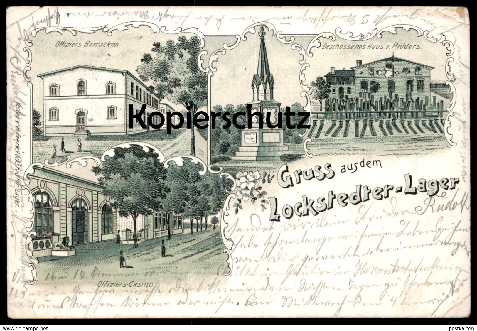 ALTE LITHO POSTKARTE GRUSS AUS DEM LOCKSTEDTER LAGER 1901 BESCHOSSENES HAUS RIDDERS BARRACKEN Lockstedt Hohenlockstedt